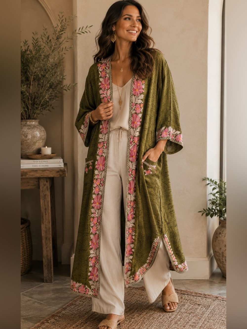 Beautiful Olive Green Embroidered Floral Boho Duster Kimono | Handcrafted Look |